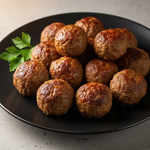 Eleven turkey meatballs coated in cranberry glaze, arranged on a dark gray plate and garnished with a sprig of fresh parsley.