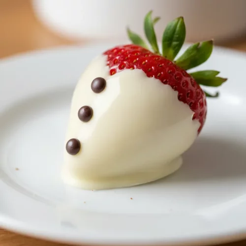 A chocolate-covered strawberry meticulously designed to resemble a tuxedo. The dark chocolate shell covers the top, while a white chocolate section with three small dark chocolate buttons simulates a shirt front. Red strawberry flesh is visible at the top, crowned with green leaves.