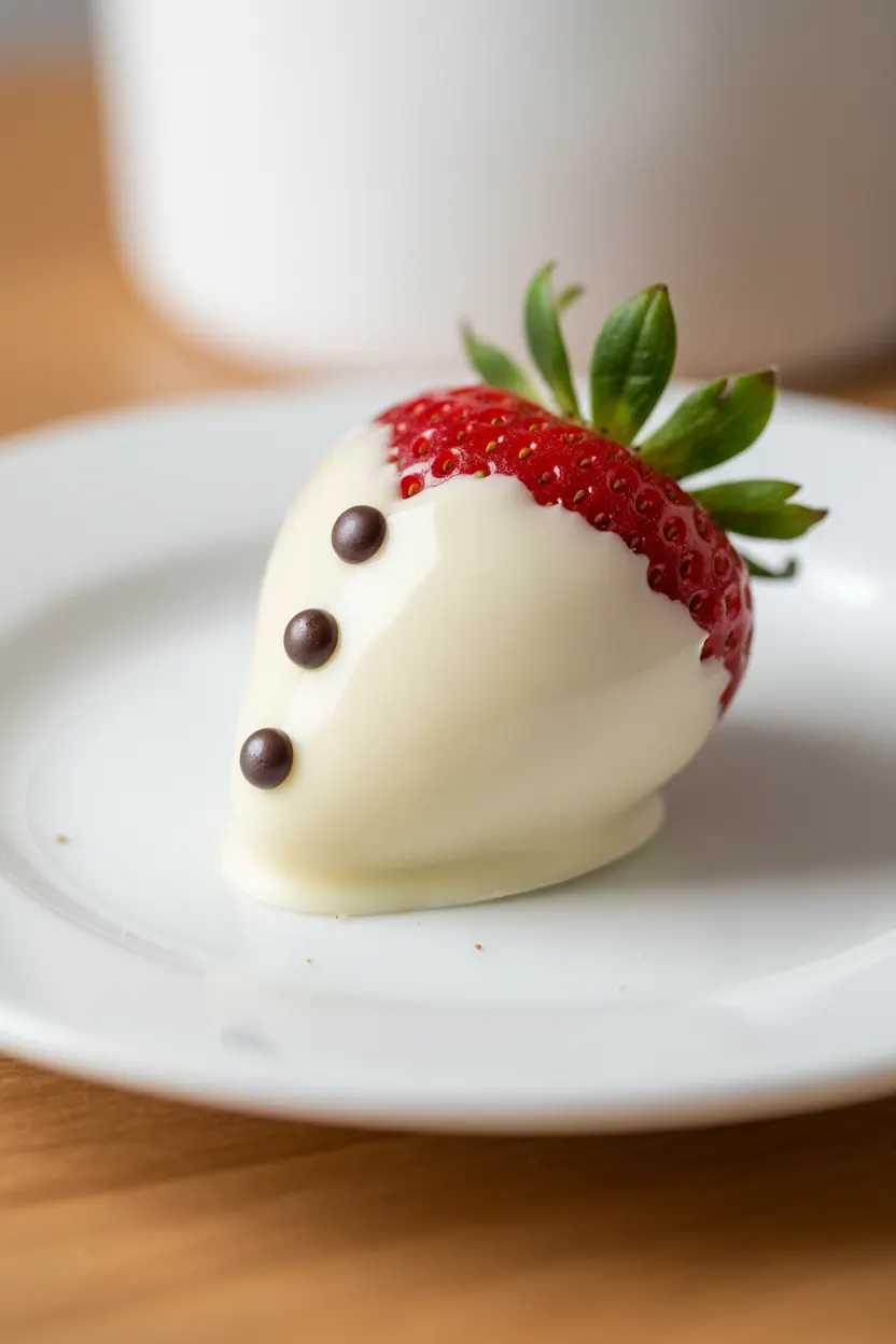 A chocolate-covered strawberry meticulously designed to resemble a tuxedo. The dark chocolate shell covers the top, while a white chocolate section with three small dark chocolate buttons simulates a shirt front. Red strawberry flesh is visible at the top, crowned with green leaves.