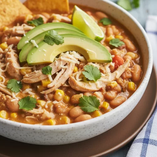 A bowl of creamy white chicken chili with shredded chicken, white beans, corn, cilantro, and sliced avocado, topped with Monterey Jack cheese and tortilla chips.