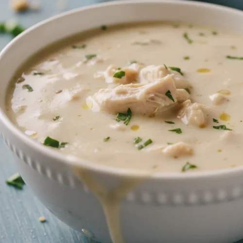 A bowl of creamy white chicken chili. The soup is thick with tender chunks of chicken and flecks of fresh green herbs. The bowl is white ceramic and sits on a blue textured surface.