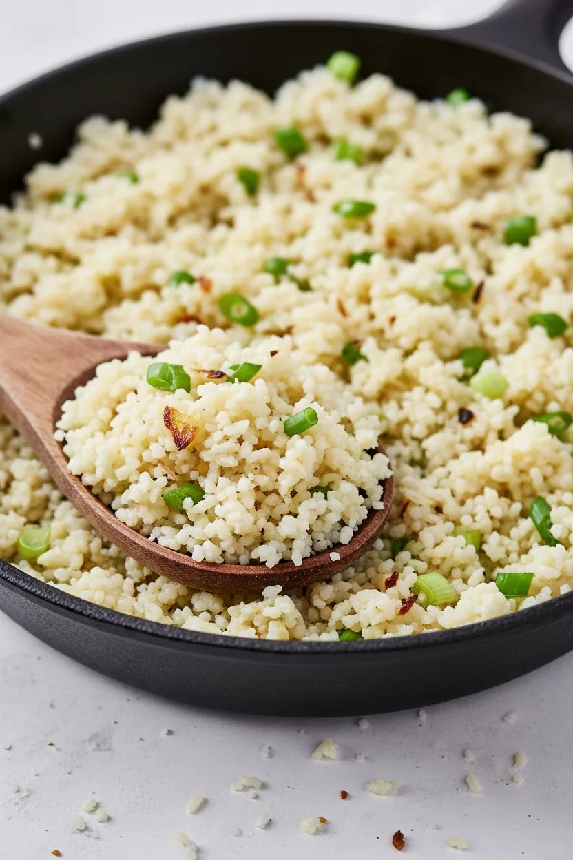Fluffy cauliflower rice served in a matte black cast iron skillet, garnished with green herbs and charred garlic, displayed on a white surface with a wooden spoon holding a portion in the foreground.