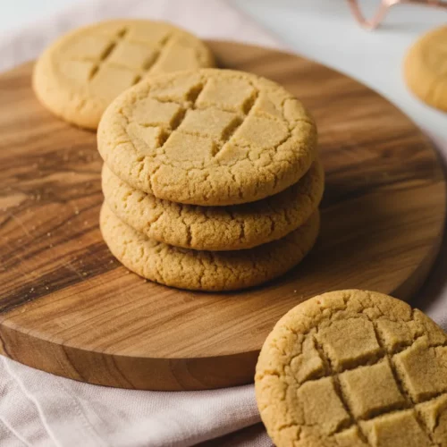 Several peanut butter cookies, golden-brown with a cross-hatch pattern, arranged on a pink linen cloth over a wooden cutting board against a marble background. This is a peanuts butter cookie recipe.