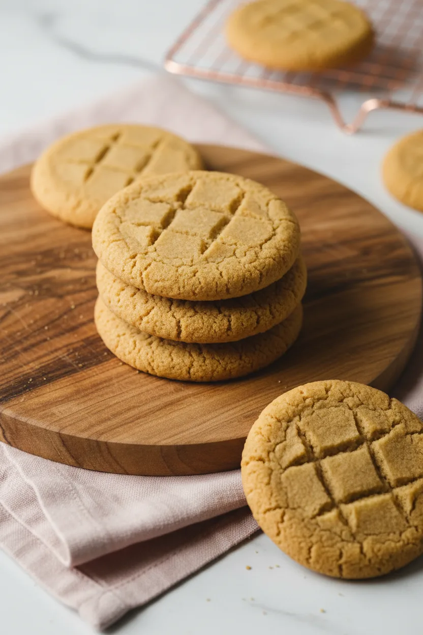 Several peanut butter cookies, golden-brown with a cross-hatch pattern, arranged on a pink linen cloth over a wooden cutting board against a marble background. This is a peanuts butter cookie recipe.