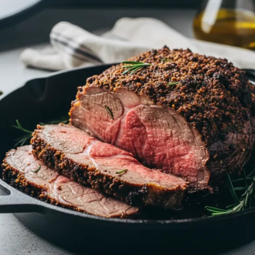 Sliced prime rib roast in a dark cast iron pan. The meat ranges from well-done to rare, with a dark brown crust and rosemary sprigs. Rendered fat glistens on the surface.