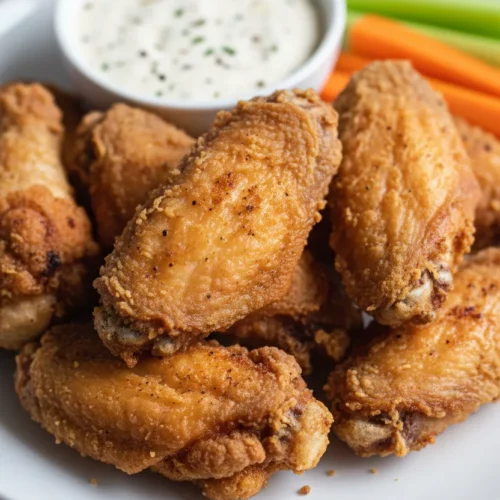 Crispy air fryer chicken wings piled high on a white plate, garnished with carrot sticks, celery and a creamy dipping sauce. The wings have a golden-brown color and a porous, crispy texture.