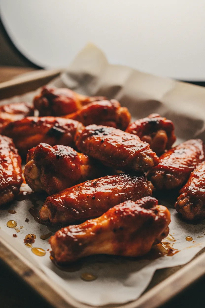 Oven baked BBQ chicken wings glistening with a slightly viscous barbecue sauce on parchment paper inside a weathered metal baking tray. The wings are deeply cooked with some charred edges and uneven sauce distribution.