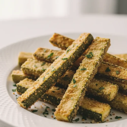 Close-up of baked zucchini fries piled on a white plate, showcasing their crispy breading and fresh parsley garnish.