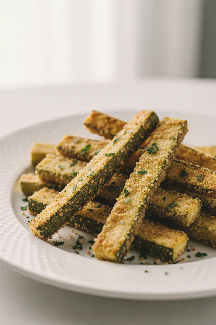 Close-up of baked zucchini fries piled on a white plate, showcasing their crispy breading and fresh parsley garnish.