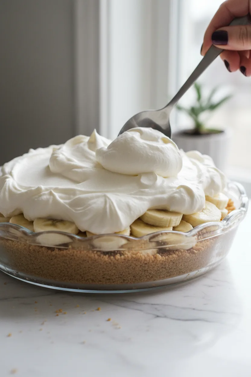 A close-up of a banoffee pie in a clear glass dish, featuring layers of banana slices, a thick graham cracker crust, and a generous topping of freshly whipped cream with soft, pillowy peaks. A hand is adding more whipped cream with a gray metal spoon. The aesthetic is bright and airy.