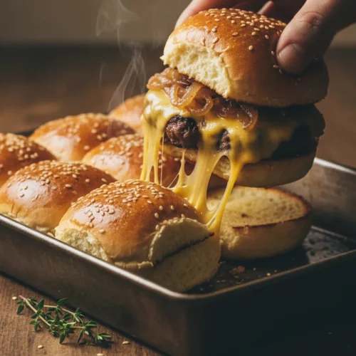Close-up of beef sliders with caramelized onions on toasted sesame seed buns. Melted cheese stretches from a lifted slider, revealing juicy meat. A sprig of thyme and a dark wooden background complete the appetizing scene.