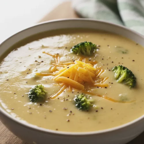 A bowl of creamy broccoli cheddar soup, garnished with shredded cheddar cheese and small flecks of herbs, presented in a bright, home-style setting. This is a Broccoli Cheddar Soup (Panera Copycat) recipe.