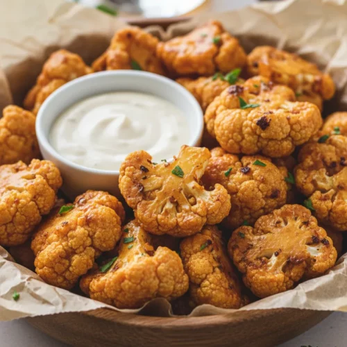 A bowl of golden-orange buffalo cauliflower bites, garnished with fresh parsley and served with a creamy dipping sauce. The cauliflower has a fried, porous texture and is slightly charred, indicating a buffalo sauce glaze.