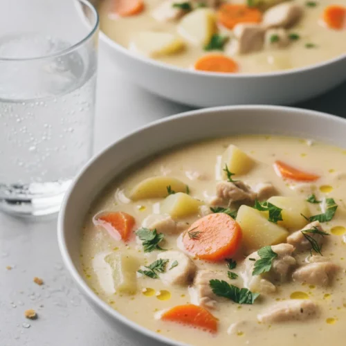 A bowl of creamy Caldo de Pollo (chicken soup) with tender chicken, rustic-cut vegetables like carrots, potatoes, and squash, garnished with fresh herbs. The soup is photographed with soft, diffused lighting.