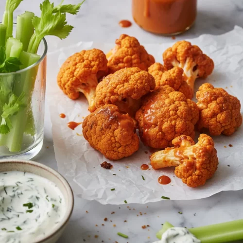 Crispy Buffalo Cauliflower Wings coated in a bright orange sauce, arranged on parchment paper with celery sticks, dipping sauce, and a small jar of buffalo sauce.