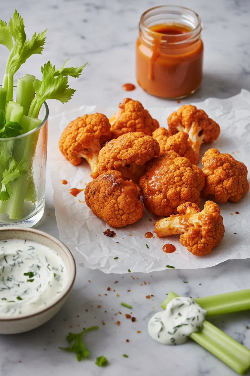 Crispy Buffalo Cauliflower Wings coated in a bright orange sauce, arranged on parchment paper with celery sticks, dipping sauce, and a small jar of buffalo sauce.