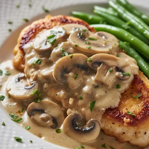 Close-up of Non-Alcoholic Chicken Marsala featuring pan-fried chicken cutlet with creamy mushroom sauce, garnished with fresh parsley and served with blanched green beans.