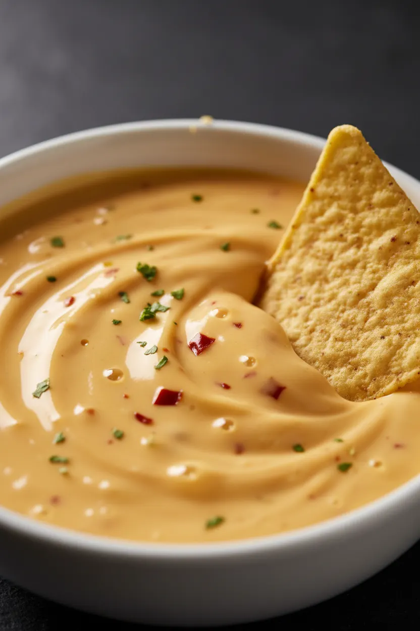 Close-up of creamy Chili Con Queso dip in a white bowl, with a light tan tortilla chip partially submerged. Red pepper and green herbs are visible in the cheese dip.