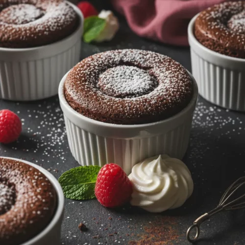 A chocolate soufflé in a white ramekin, topped with powdered sugar and a fresh raspberry, accompanied by whipped cream and a mint leaf. The image features a moody, dark food photography aesthetic.