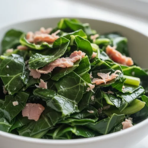 A bowl of cooked collard greens with smoked turkey leg. The dark green leaves have an oily sheen, and the tender pinkish-brown turkey is slightly shredded. A silver fork rests on the bowl, set against a light, marble-like surface.