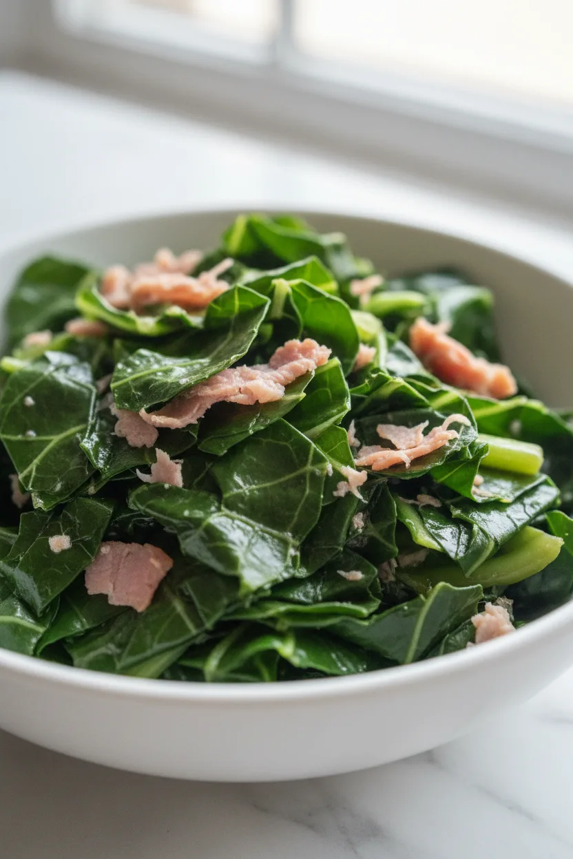 A bowl of cooked collard greens with smoked turkey leg. The dark green leaves have an oily sheen, and the tender pinkish-brown turkey is slightly shredded. A silver fork rests on the bowl, set against a light, marble-like surface.