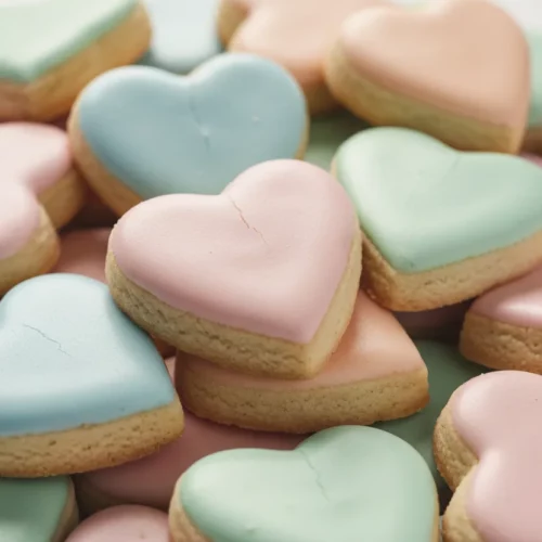 A pile of heart-shaped conversation heart cookies with pastel-colored royal icing. The cookies have a slightly rough texture and the icing is smooth with imperfections, giving them a homemade appearance.