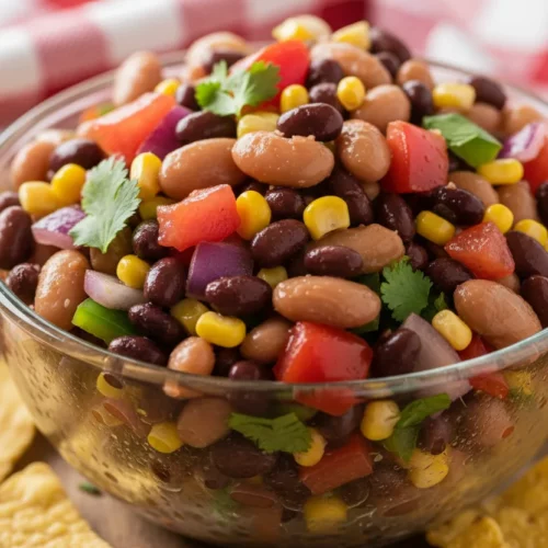A vibrant bowl of Cowboy Caviar, also known as Texas Caviar, overflowing with plump, glistening beans and diced fresh vegetables like tomatoes, onions, and bell peppers. Yellow tortilla chips are artfully arranged around the clear glass bowl, set against a rustic red and white checkered napkin.