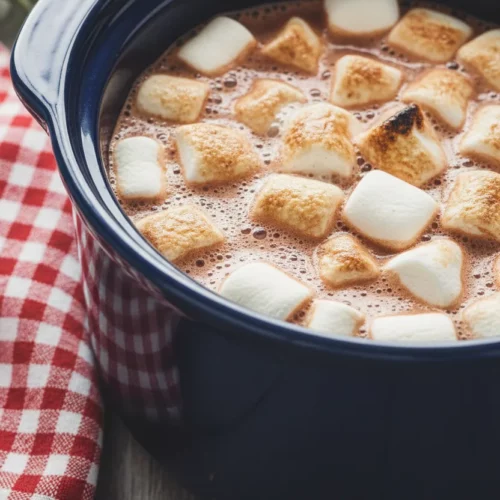 Crockpot filled with hot chocolate and marshmallows. The hot chocolate has a frothy surface, and some marshmallows are toasted golden brown. A red and white checkered napkin and a wooden spoon are beside the crockpot on a weathered grey wood surface.