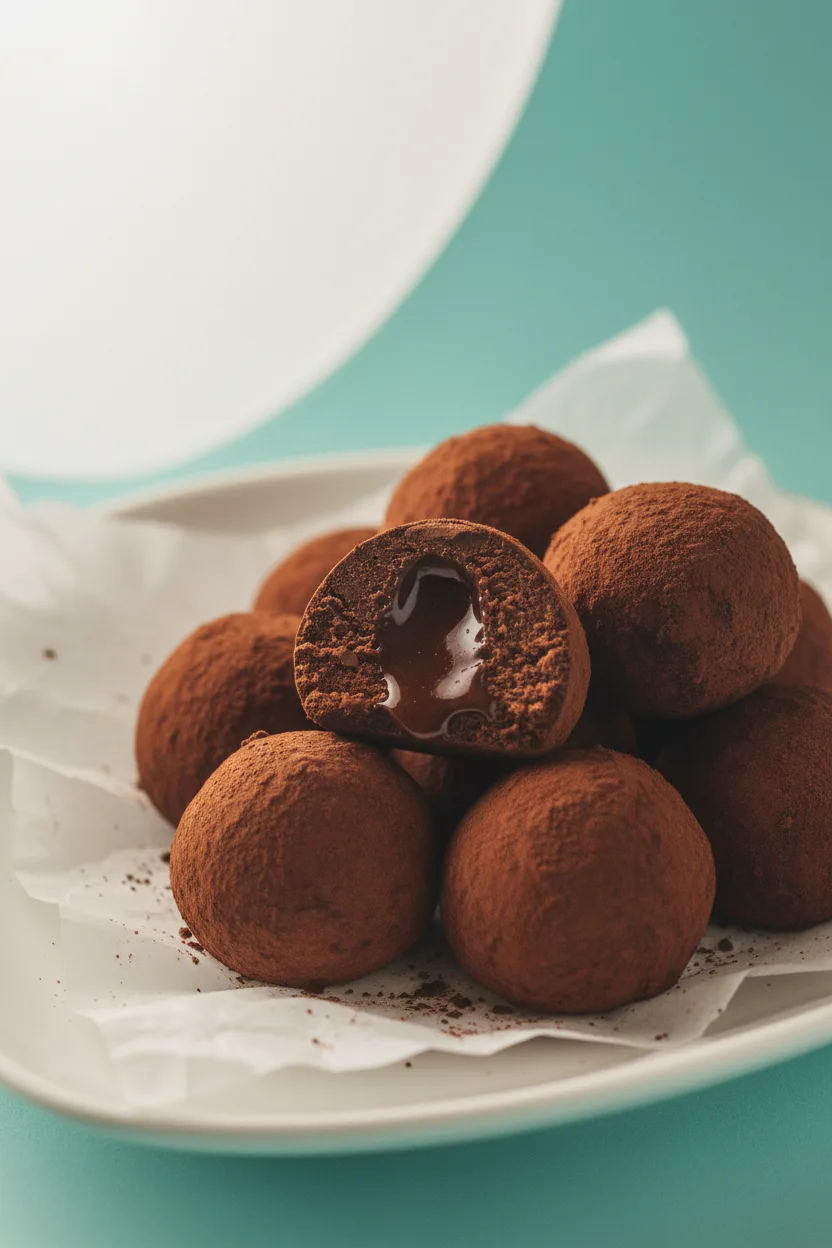 A pile of dark chocolate truffles dusted with cocoa powder, one truffle cut in half revealing a fudgy interior. The truffles are presented on a white plate with parchment paper, against a light turquoise background.