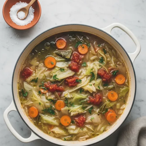 Overhead shot of detox cabbage soup in a cream-colored enameled pot, showcasing tender cabbage, diced tomatoes, and fresh herbs on a pale gray marble surface. A small terracotta bowl of salt and a beige linen napkin are also visible.
