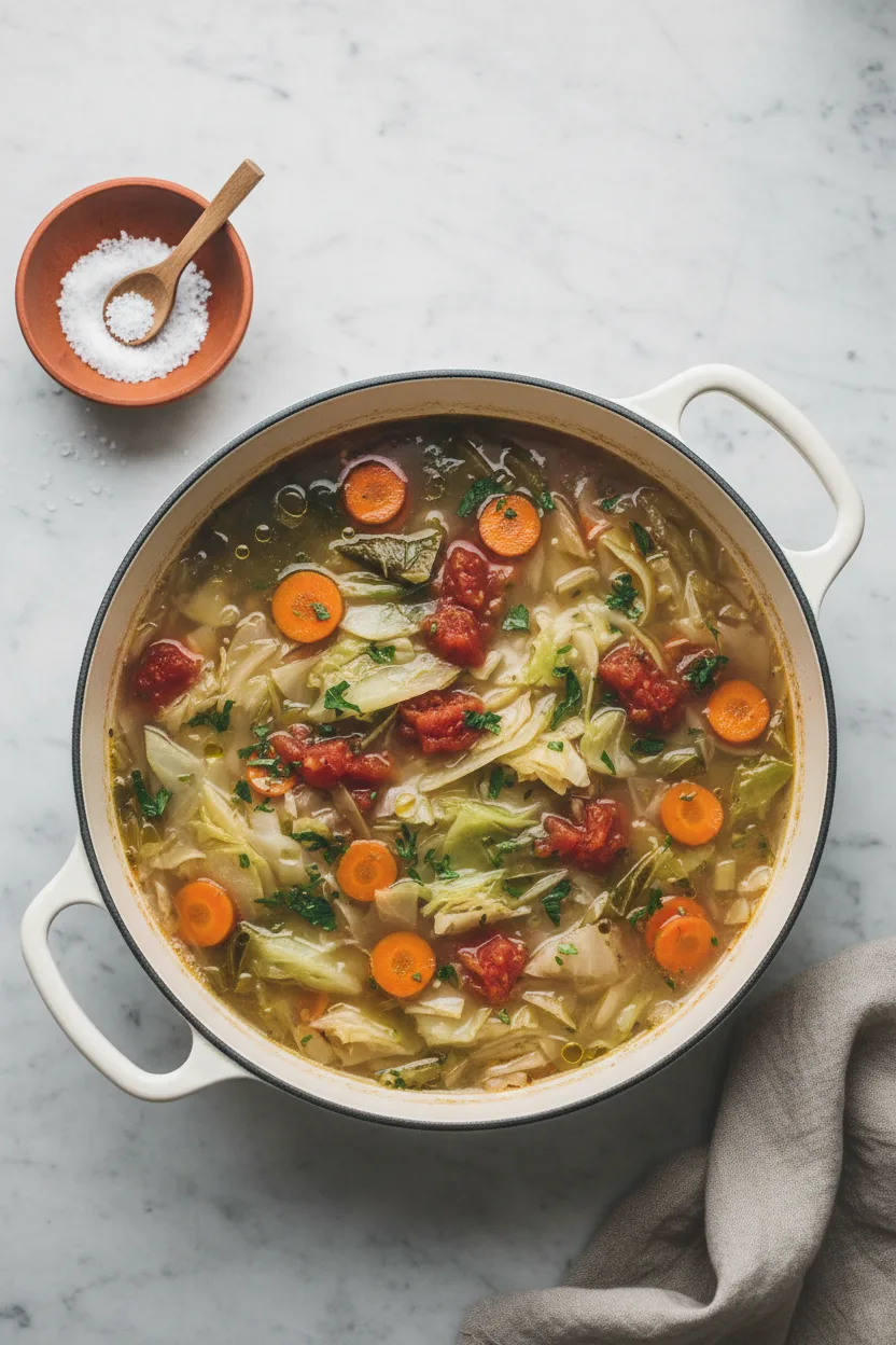 Overhead shot of detox cabbage soup in a cream-colored enameled pot, showcasing tender cabbage, diced tomatoes, and fresh herbs on a pale gray marble surface. A small terracotta bowl of salt and a beige linen napkin are also visible.