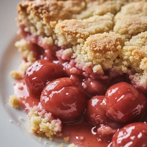 Close-up of a freshly baked cherry pineapple dump cake with a golden-brown, crumbly crust and plump, glazed cherries. The filling is a translucent reddish-pink color, and the cake is served on a white plate.