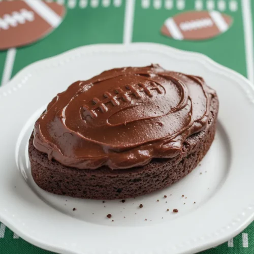A football-shaped brownie sits on a white scalloped plate, set against a green tablecloth with white lines mimicking a football field, and decorated with flat paper cut-out footballs. The chocolate frosting is freshly applied and slightly viscous in texture.