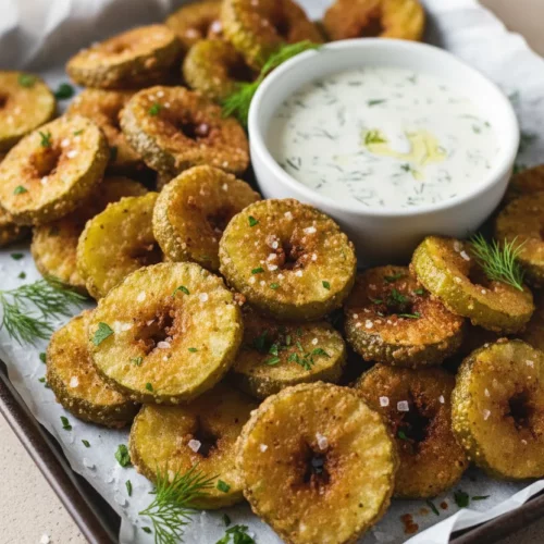A generous pile of golden fried pickles served on a dark metallic tray lined with crumpled white parchment paper. A white ceramic bowl filled with creamy ranch dressing with visible dill sits among the pickles. Fresh dill sprigs are scattered around the tray on a light beige surface.