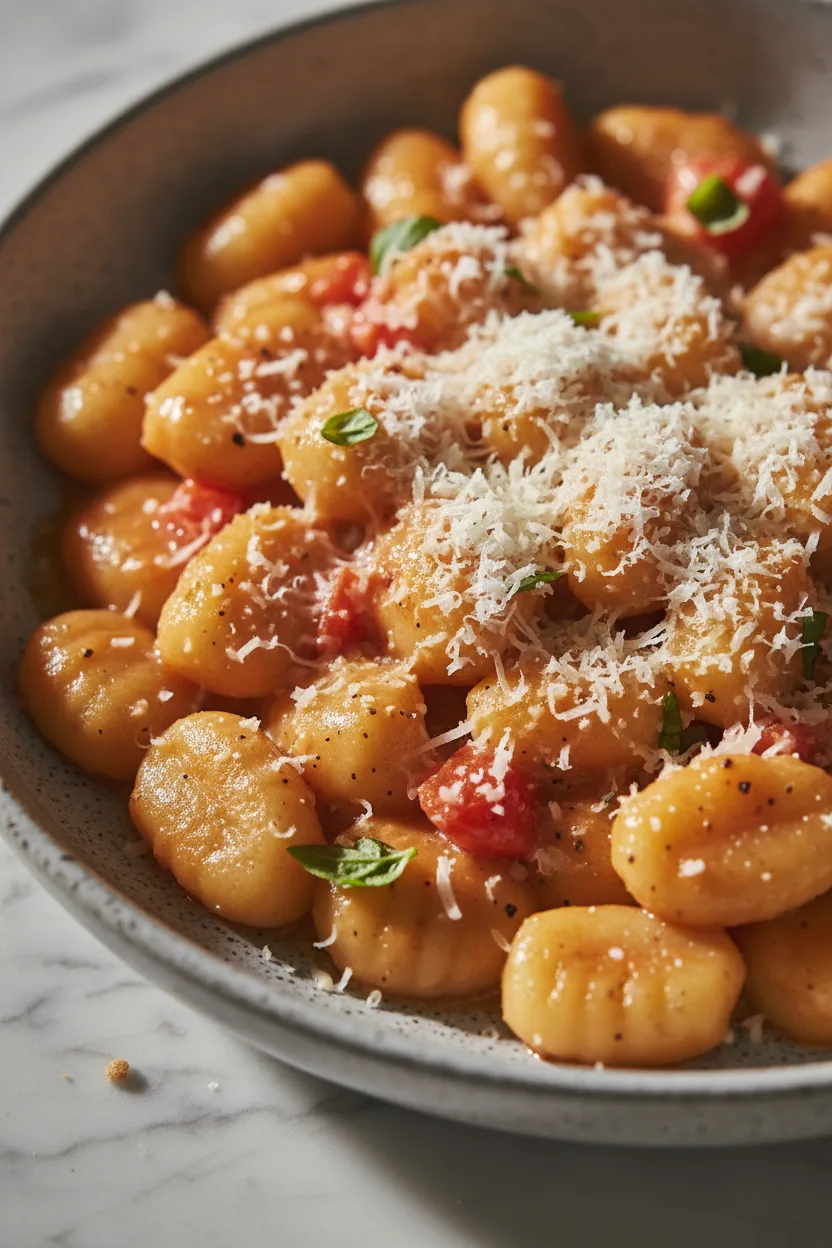 Overhead shot of gnocchi with tomato cream sauce in a speckled grey bowl, topped with parmesan cheese and basil. The sauce glistens and diced tomatoes are visible.