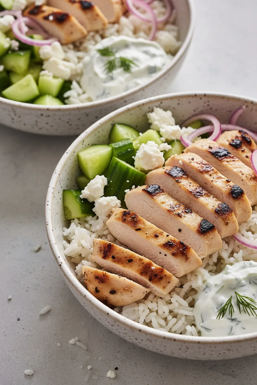 Two Greek chicken bowls filled with rice, cucumber, feta cheese, red onion, and grilled chicken topped with tzatziki sauce, presented on a light concrete surface.