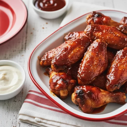 Glistening honey BBQ wings coated in a sticky, viscous sauce, arranged on a white plate with a red rim, accompanied by a vintage silver fork, red and white striped linen napkin, and bowls of white dipping sauce and dark BBQ sauce, set against a weathered, whitewashed wooden background.