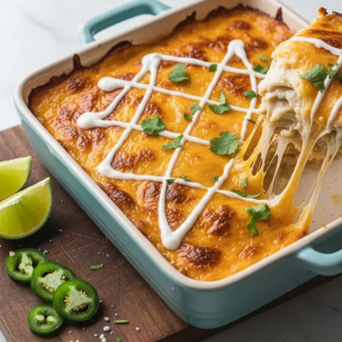 A bubbling Keto Taco Casserole with melted cheddar cheese, garnished with cilantro, in a light blue baking dish on a dark wood board. Jalapeno slices and lime wedges are placed to the left. A wooden spoon lifts a portion of the casserole, showcasing the layered filling.