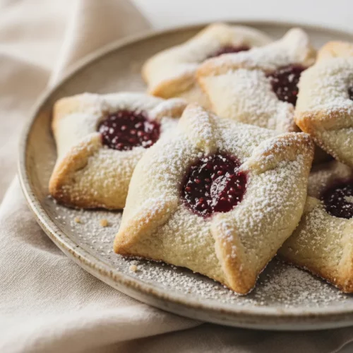 Close-up photograph of kolaczki, traditional Polish cookies, arranged on a textured ceramic plate and dusted with powdered sugar, alongside a folded linen napkin. The cookies have a flaky texture and jam filling, shot with soft, diffused lighting and a shallow depth of field.