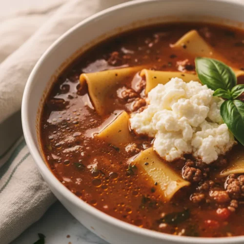 A bowl of lasagna soup featuring al dente pasta, ricotta cheese, and basil leaves. The soup has a slightly oily surface with visible flecks of ground meat and herbs.