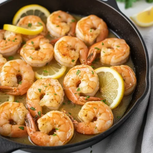 Lemon Garlic Butter Shrimp sizzling in a dark cast-iron skillet on a bright white marble surface. The shrimp are glistening with a light sauce and garnished with fresh parsley and lemon wedges. A folded gray linen napkin rests beside the skillet.