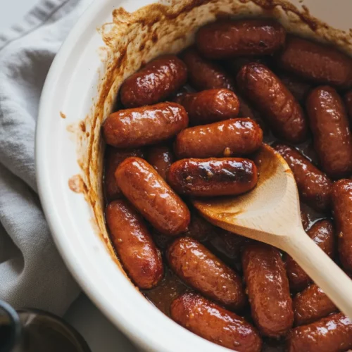Little Smokies cocktail sausages simmered in a glossy, dark amber BBQ sauce in a white ceramic slow cooker, presented with a light-colored wooden spoon and a soft grey linen napkin.