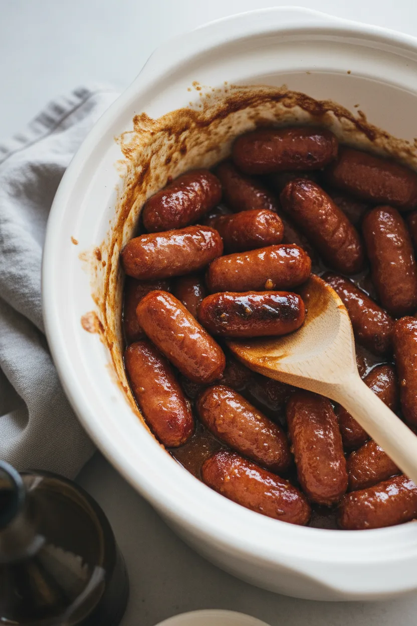 Little Smokies cocktail sausages simmered in a glossy, dark amber BBQ sauce in a white ceramic slow cooker, presented with a light-colored wooden spoon and a soft grey linen napkin.