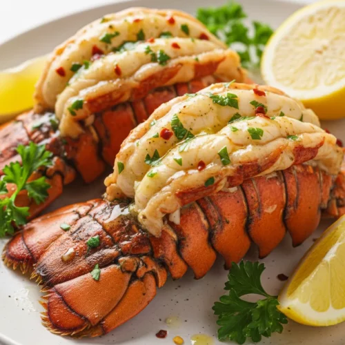 Two grilled lobster tails, split and coated in garlic herb butter, presented on a white plate with parsley and lemon wedges. The lobster meat glistens with butter and has slight char marks.