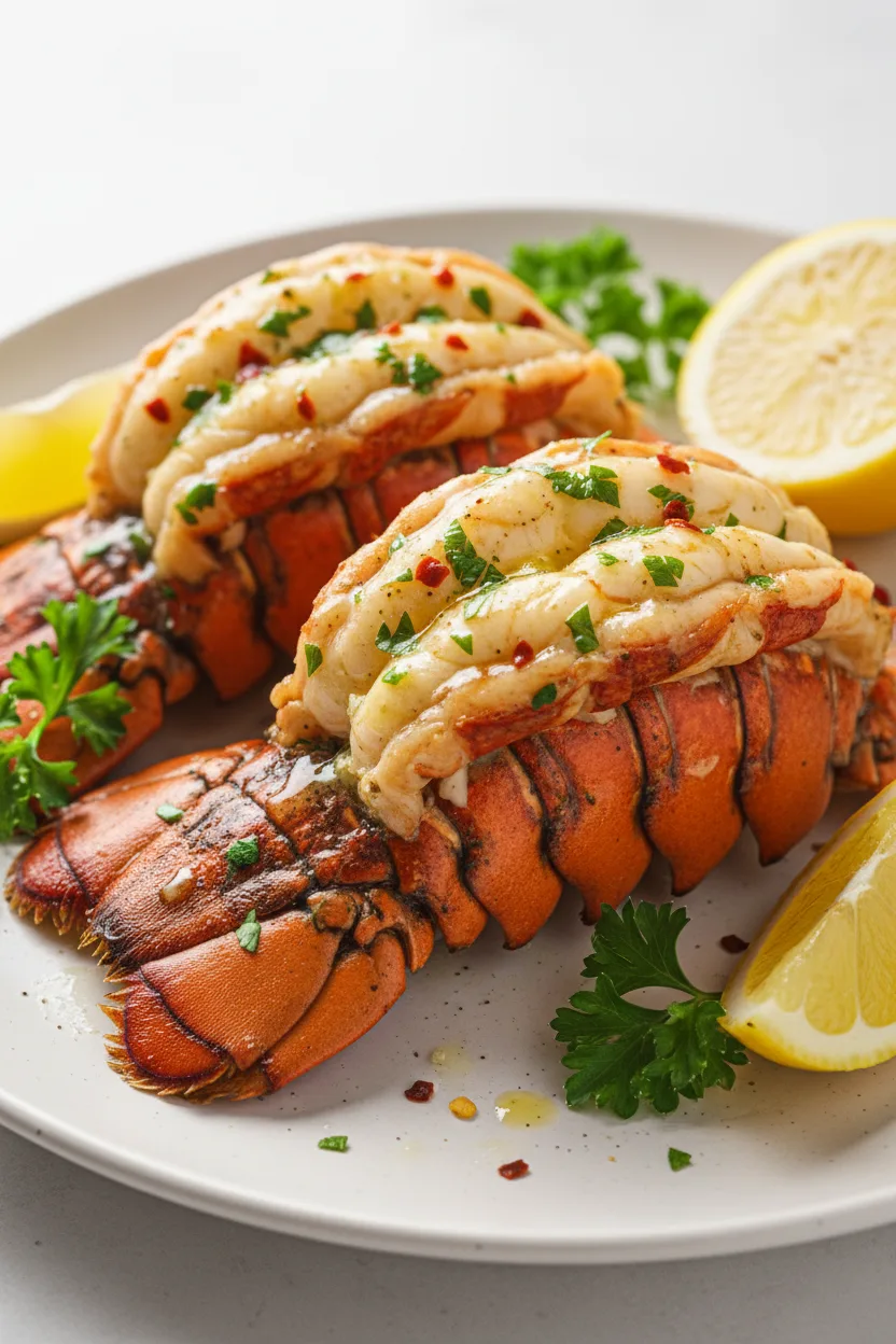 Two grilled lobster tails, split and coated in garlic herb butter, presented on a white plate with parsley and lemon wedges. The lobster meat glistens with butter and has slight char marks.