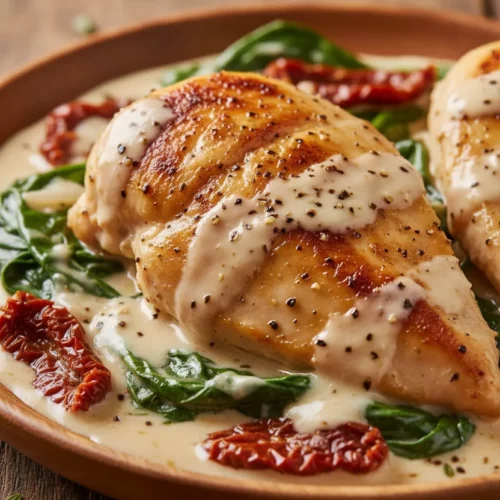 Overhead shot of Marry Me Chicken, featuring chicken breasts in a creamy sauce with spinach and sun-dried tomatoes. The chicken is pan-seared and speckled with black pepper, coated in a glossy sauce. Wilted spinach and wrinkled, deep red sun-dried tomatoes are scattered throughout. A wooden spoon coated in the creamy sauce rests partially on the food.