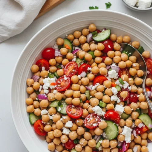 Overhead shot of a vibrant Mediterranean Chickpea Salad in a white ceramic bowl, featuring chickpeas, halved cherry tomatoes, diced red onion, cucumbers, and feta cheese, garnished with fresh herbs. A stainless steel serving spoon rests inside the bowl.