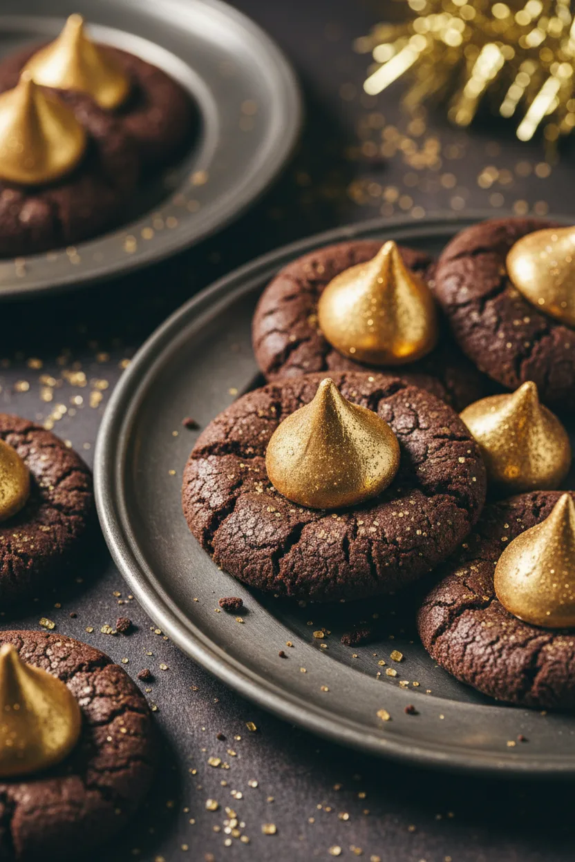 Close-up of chocolate cookies topped with Hershey's Kisses and gold sprinkles, arranged on a pewter plate with scattered gold sugar. Festive, warm lighting and shallow depth of field create a cozy atmosphere around the Midnight Kiss Cookies.