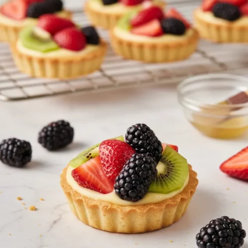 A beautifully lit mini fruit tart featuring a golden-brown pastry shell, smooth custard filling, and topped with sliced strawberries, kiwi, and blackberries. Other tarts and ingredients are visible in the background.