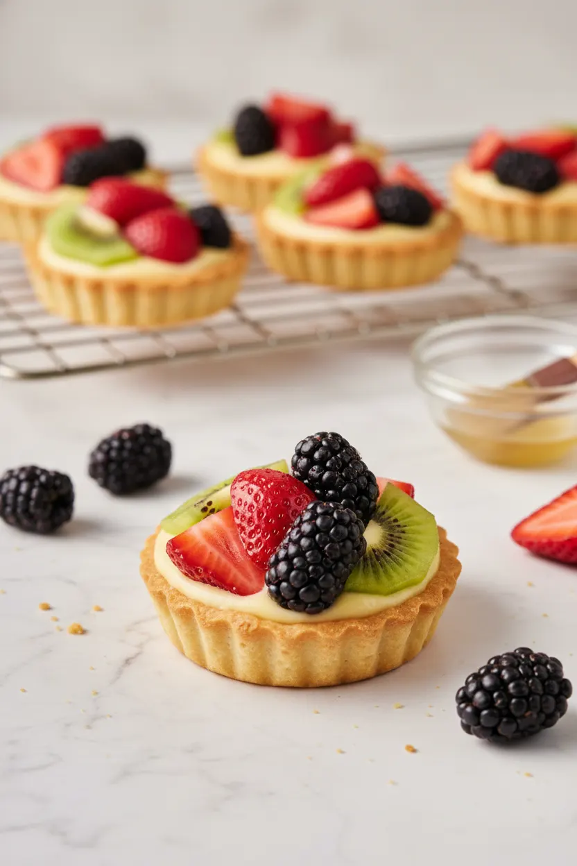A beautifully lit mini fruit tart featuring a golden-brown pastry shell, smooth custard filling, and topped with sliced strawberries, kiwi, and blackberries. Other tarts and ingredients are visible in the background.